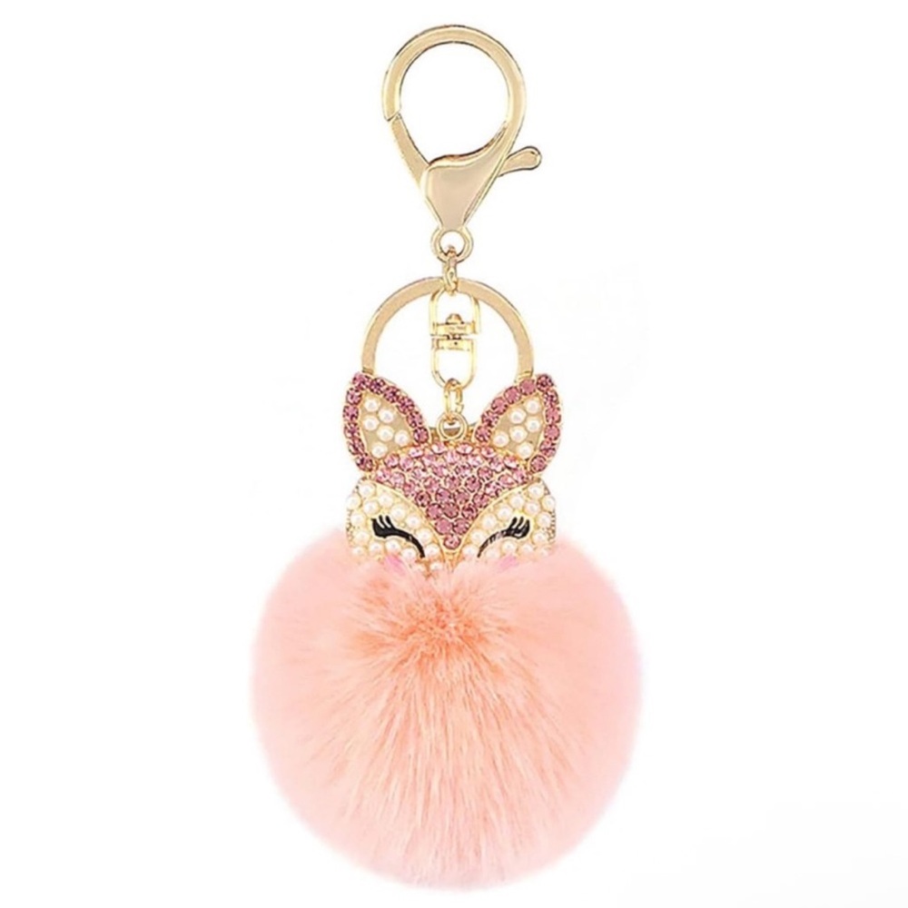 Fox Pom Pom Keychain / bag charm Genuine Rabbit Fur Ball, Rhinestones & Pearls